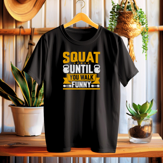Black t-shirt with yellow and white text on a wooden surface with plants in the background