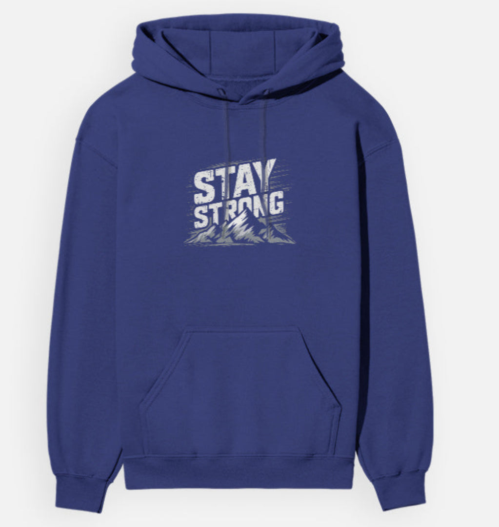 Blue hoodie with 'Stay Strong' text on a white background