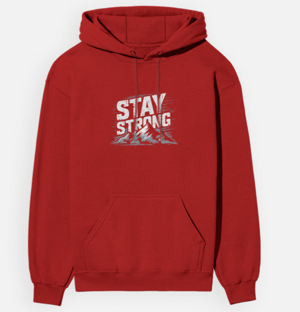 Red hoodie with 'Stay Strong' text on a white background