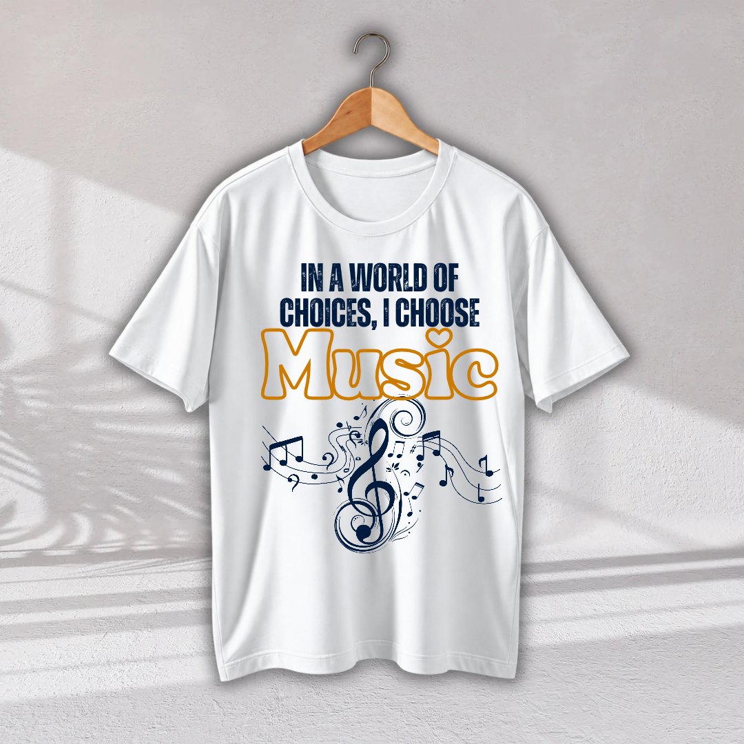 A white short-sleeve t-shirt hanging on a wooden hanger against a light gray wall. The shirt features a graphic print with the text 'IN A WORLD OF CHOICES, I CHOOSE Music' in navy blue and orange, accompanied by a navy blue treble clef and musical notes.