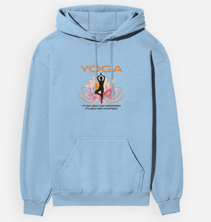 Light blue hoodie with yoga-themed design on a white background