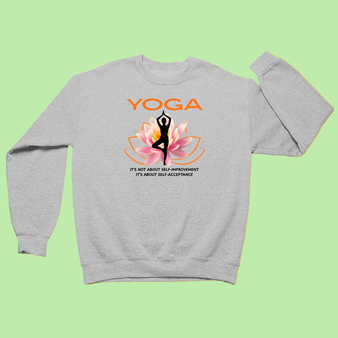 Gray sweatshirt with yoga design and text on a light green background