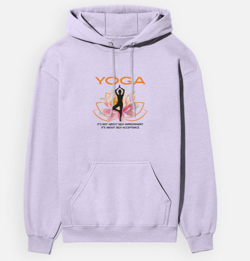 Lavender hoodie with yoga graphic and text on a white background