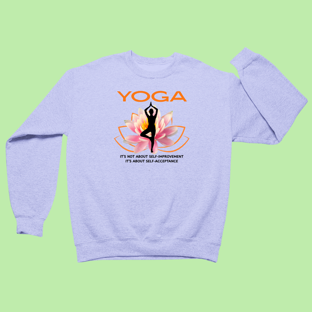 Lavender sweatshirt with yoga design and text on a green background