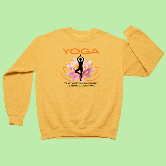 Mustard Yellow sweatshirt with yoga design and text on a light green background