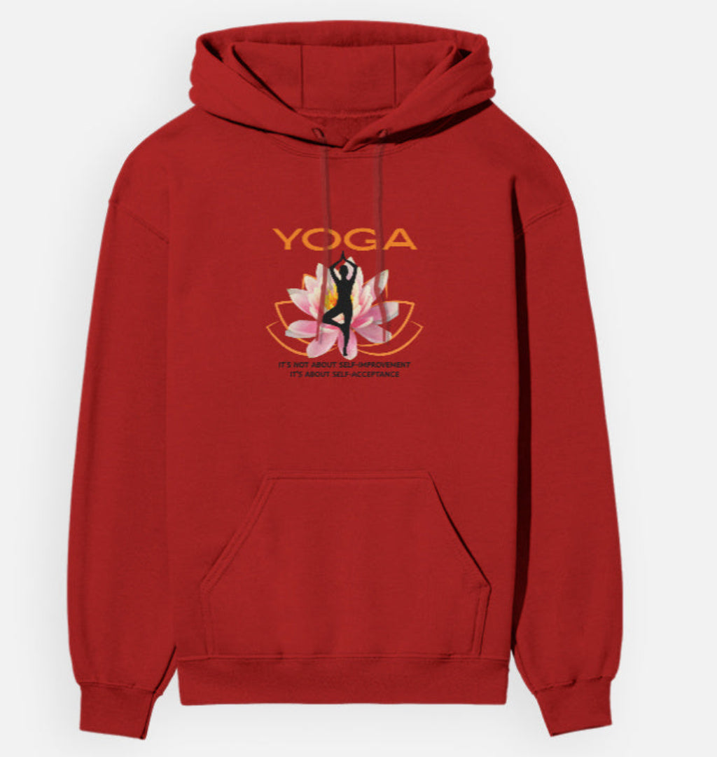 Red hoodie with yoga design on a white background