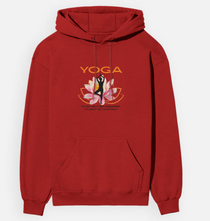 Red hoodie with yoga design on a white background