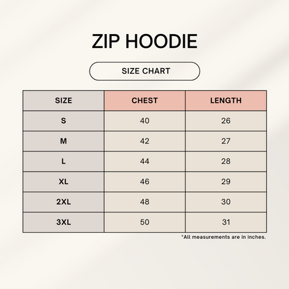 Zip Hoodie Size Chart