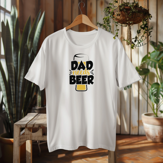 White t-shirt with 'Dad beers beer' design on a wooden hanger against a home interior background.