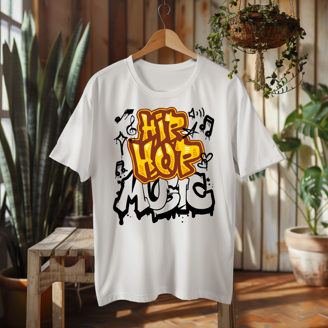 A white short-sleeve t-shirt hanging on a wooden hanger in a rustic indoor setting with plants and wood paneling. The shirt features a large graffiti-style graphic on the front reading 'HIP HOP MUSIC' in yellow, orange, and black.